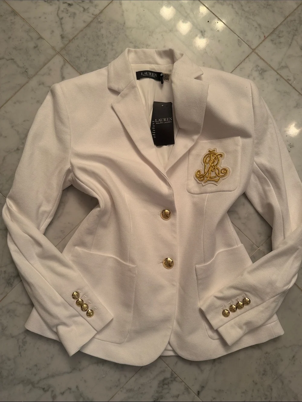 Ralph Lauren White Bullion Jacquard Blazer w/ Gold Embroidery & Buttons